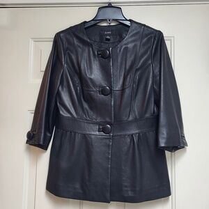 Early 2000s Alfani Black Leather 3-Button Jacket, Crew Neck, 3/4 Sleeves, Medium